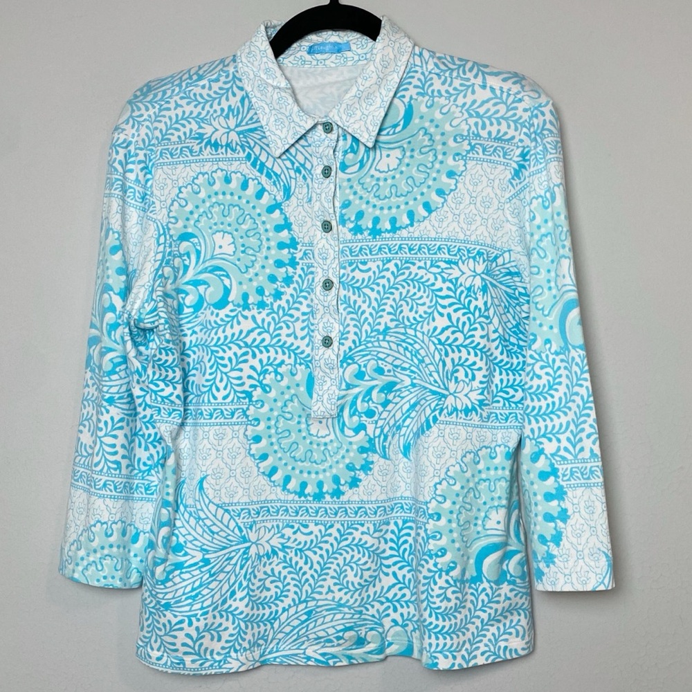J. McLaughlin Blue/White Mixed Print Top